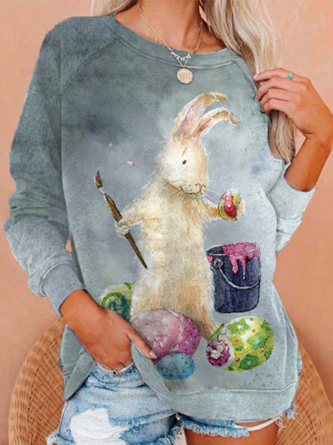 Easter Bunny Print Round Neck Long Sleeve Casual Sweatshirt