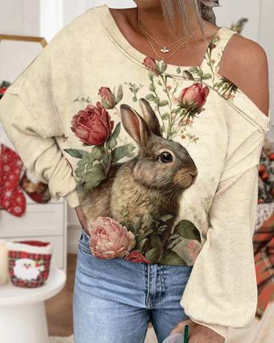 Easter Retro Cute Bunny Floral Print Off Shoulder Top