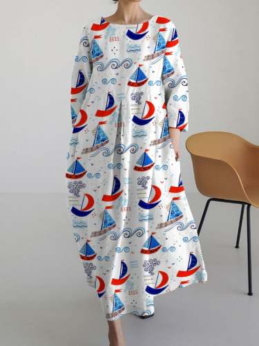 Women's Navy Printed Casual Loose Dress