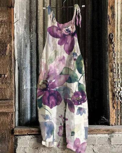 Watercolor Flower Print Lace-up Strap Jumpsuit with Pockets