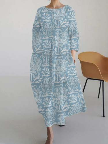 Women'S Blue Woodland Scene Print Maxi Dress