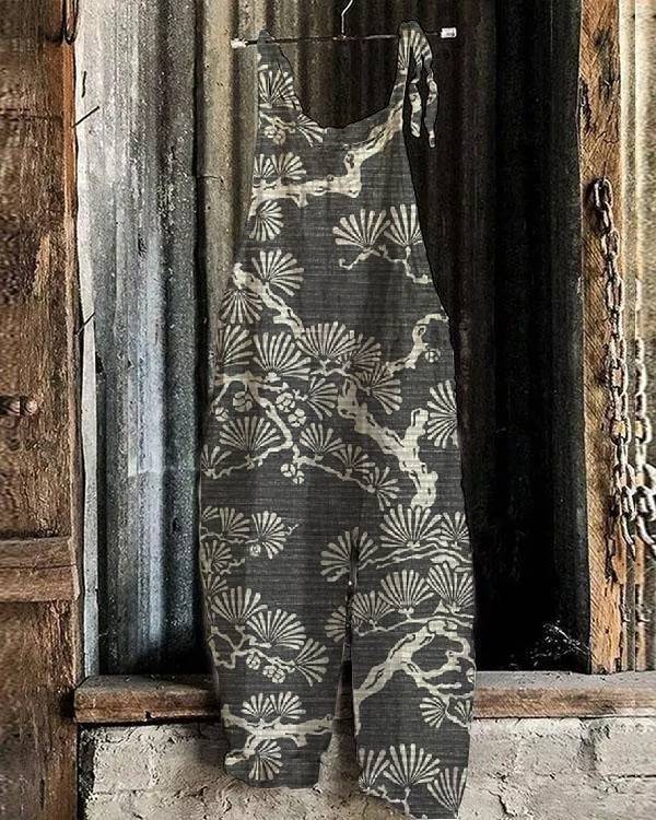 Artistic Pine Tree Print Lace-up Strap Jumpsuit with Pockets