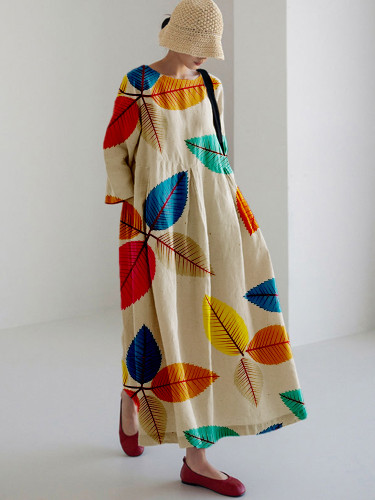 Women's Casual Colorful Leaves Print Long Sleeve Midi Dress Dress