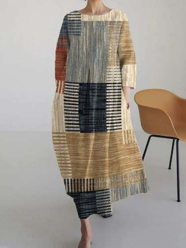 Women'S Abstract Geometric Blue And Rust Print Maxi Dress