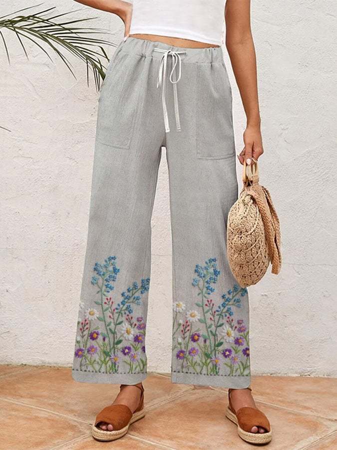 Women's Vintage Embroidered Floral Print Loose Casual Pants