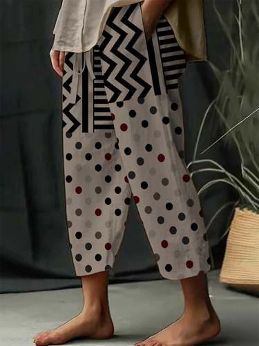 Women's Polka-Dot Stripe Design Printed Lace-Up Elastic Waist Loose Casual Pants