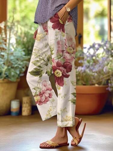 Women's Botanical Floral Design Loose Pocket Patchwork Casual Pants