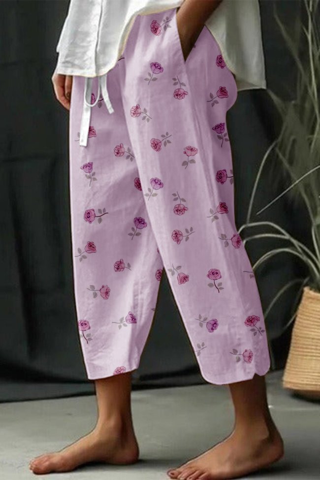 Women's Valentine's Day Design Floral Print Lace-Up Elastic Waist Loose Casual Pants