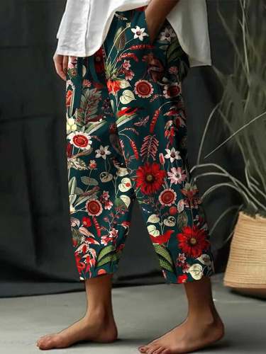 Women's Floral Design Print Lace-Up Loose  With Elastic Waist Casual Pants