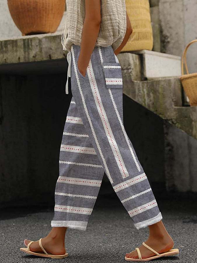 Women's Striped Design Printed Lace-Up Elastic Waist Loose Casual Pants