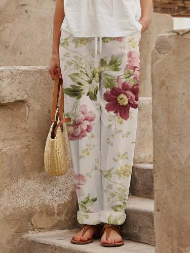 Women's Botanical Floral Design Lace-Up Elastic Waist Loose Casual Pants
