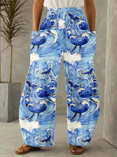 Women's Japanese Wave Inspired Whale Art Elastic RiseWide Leg Casual Pants