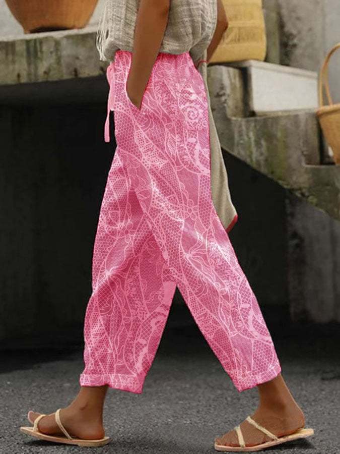 Women's Valentine's Day Design Lace Print With Elastic Waist Loose Casual Pants