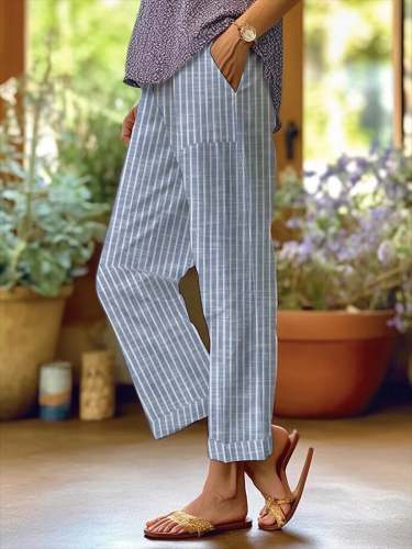 Women's Retro Striped Design Loose Pocket Patchwork Casual Pants