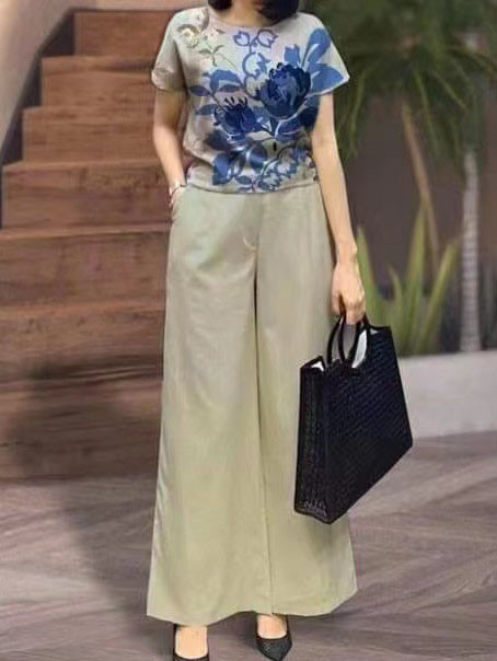 Summer Two-piece Casual Loose Floral Short-sleeved T-shirt and Pocket Wide-leg Pants