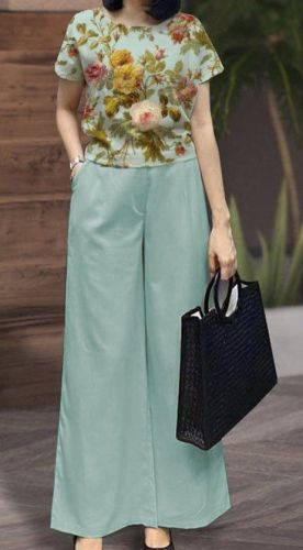 Summer Two-piece Casual Floral Short-sleeved T-shirt and Pocket Wide-leg Pants