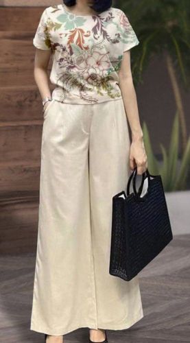Summer Two-piece Elegant Floral Short-sleeved T-shirt and Pocket Wide-leg Pants