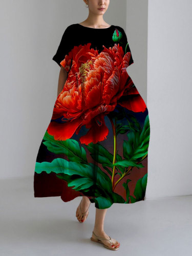 Women's Casual Big Red Flower Print Loose Round Neck Medium Length Skirt Dress