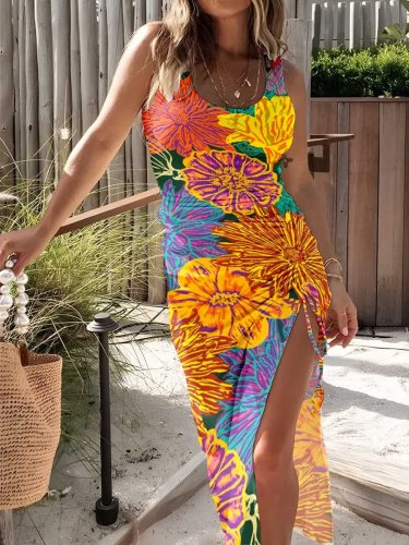 Women's Vest Floral Resort Print Knitted Drawstring Dress