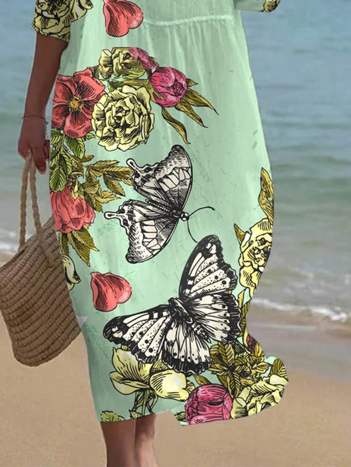 Women's Floral Butterfly Art Pattern Resort Dress