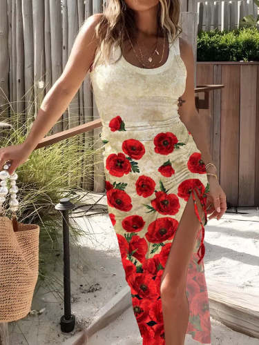 Women's Vest Floral Resort Print Knitted Drawstring Dress