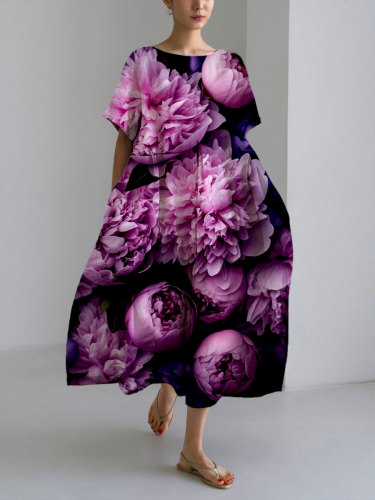 Women's Casual Purple Floral Print Loose Round Neck Medium Length Skirt Dress