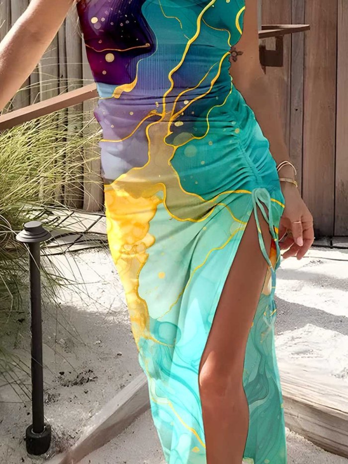 Women'sTank Top Splash Art Resort Print Knitted Drawstring Dress