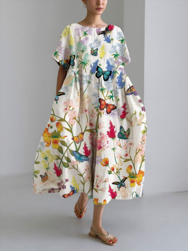 Women's Casual Flower World Print Loose Round Neck Medium Length Skirt Dress