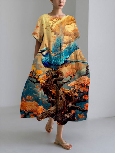 Women's Casual Vintage Bird Print Loose Round Neck Medium Length Skirt Dress