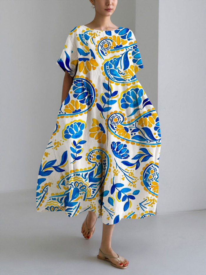 Women's Casual Blue & Orange Floral Print Loose Round Neck Medium Length Skirt Dress