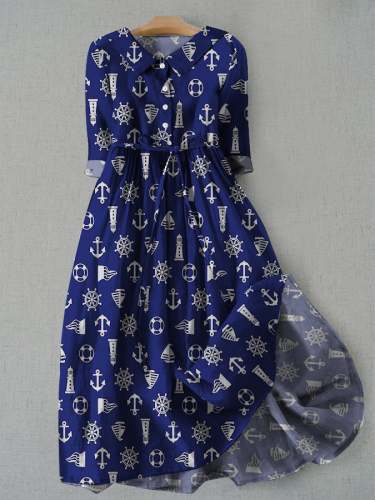Women's Navy Printed Square Neck Lace-Up Dress
