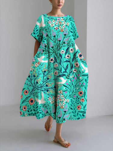 Women's Casual Spring Green Floral Flowers Print Loose Round Neck Medium Length Skirt Dress
