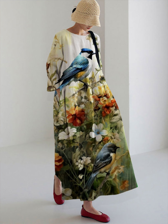 Women's Casual Birds & Flowers Print Dress