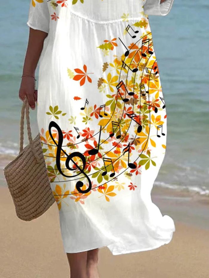 Women's Note Maple Leaf Pattern Art Resort Style Dress