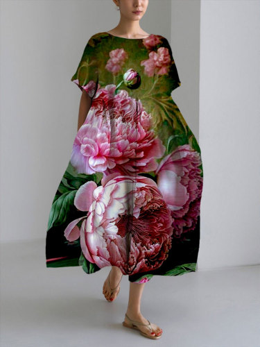 Women's Casual Retro Classic Pink Floral Print Loose Round Neck Medium Length Skirt Dress