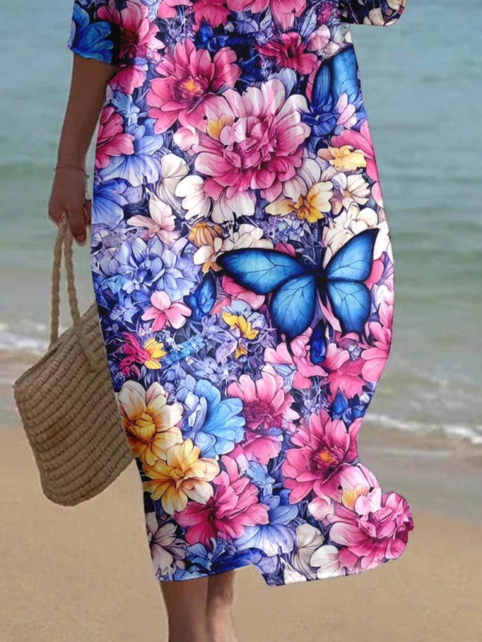 Women's Butterfly Floral Art Print Casual Resort Dress