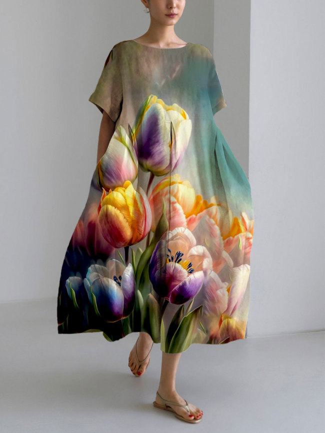 Women's Casual Tulip Print Loose Round Neck Medium Length Skirt Dress