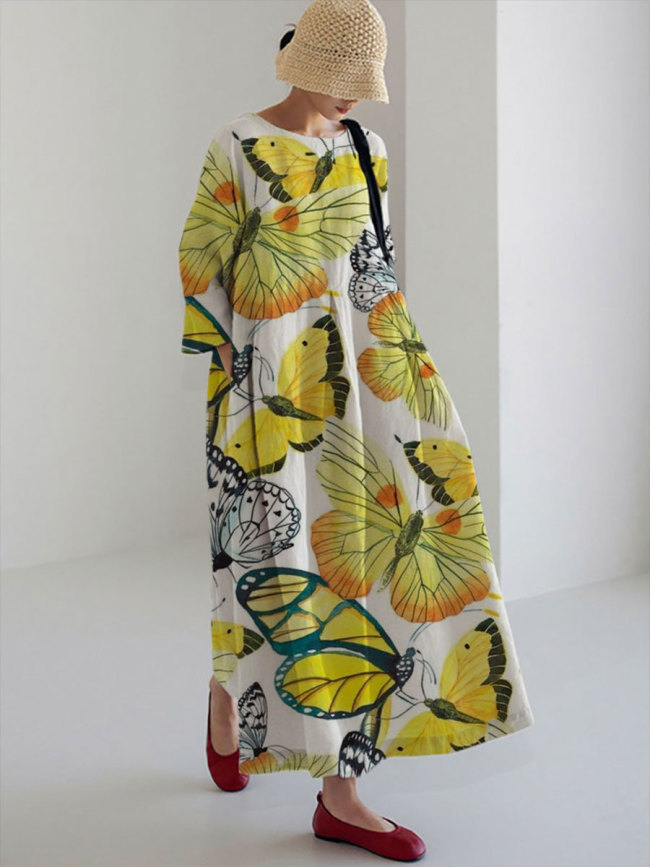 Women's Casual Yellow Butterfly  Print Dress