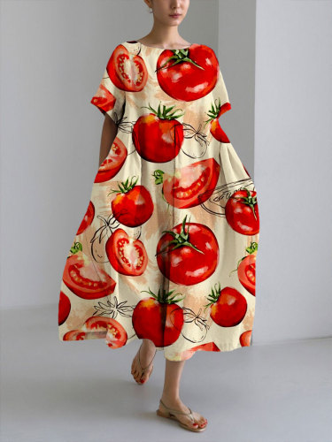 Women's Casual Tomato Print Loose Round Neck Medium Length Skirt Dress