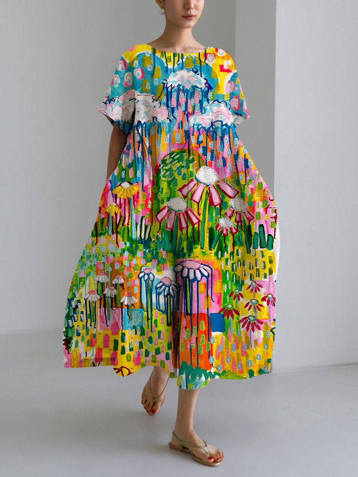 Women's Casual Painting Print Loose Round Neck Medium Length Skirt Dress
