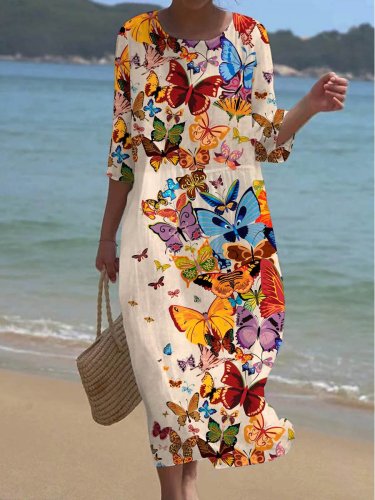 Women's Flowing Butterfly Art Pattern Resort Style Dress