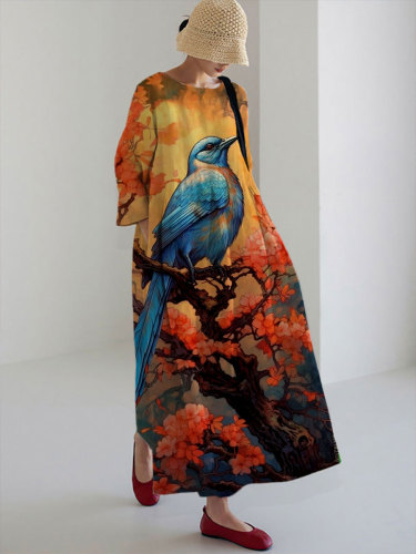 Women's Casual Blue Bird Print Dress