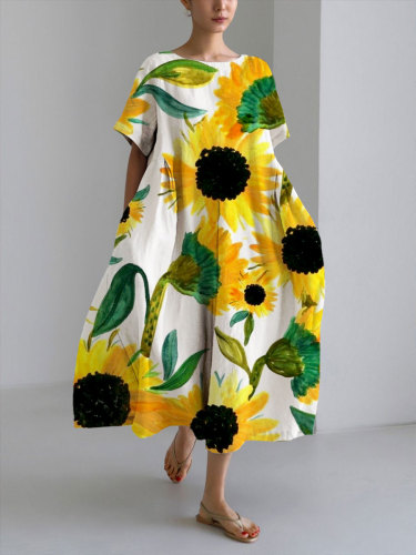 Women's Casual Yellow Sunflower Print Loose Round Neck Medium Length Skirt Dress