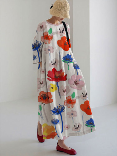 Women's Casual Doodle Art Flowers Print Dress