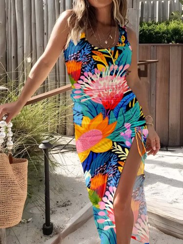 Women's Tropical Rainforest Flower Print Pattern Strappy Dress