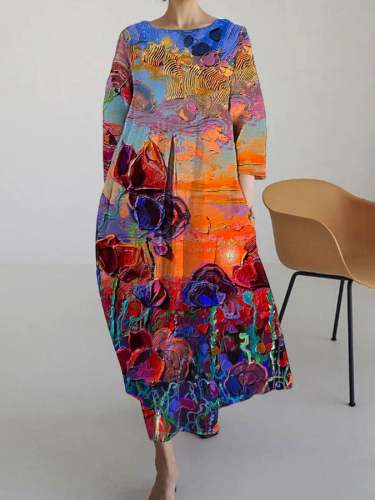 Women's Oil Painting Floral Print  Casual Cotton Linen Dress