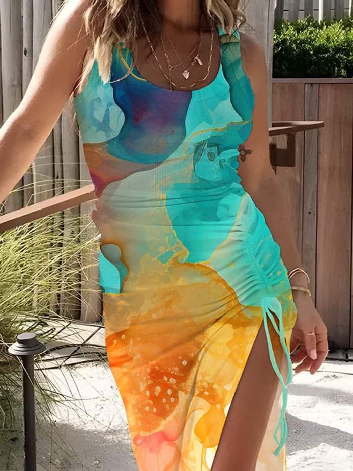 Women'sTank Top Splash Art Resort Print Knitted Drawstring Dress