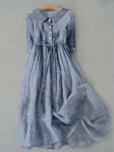 Women's Vintage Striped Design Printed Lace-Up Dress