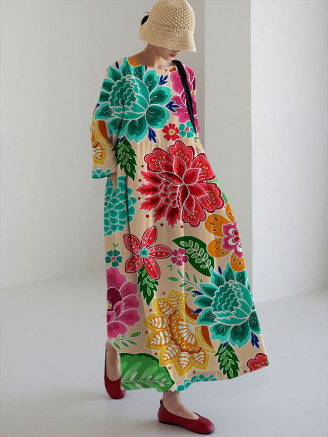 Women's Casual Colorful Flowers Print Dress