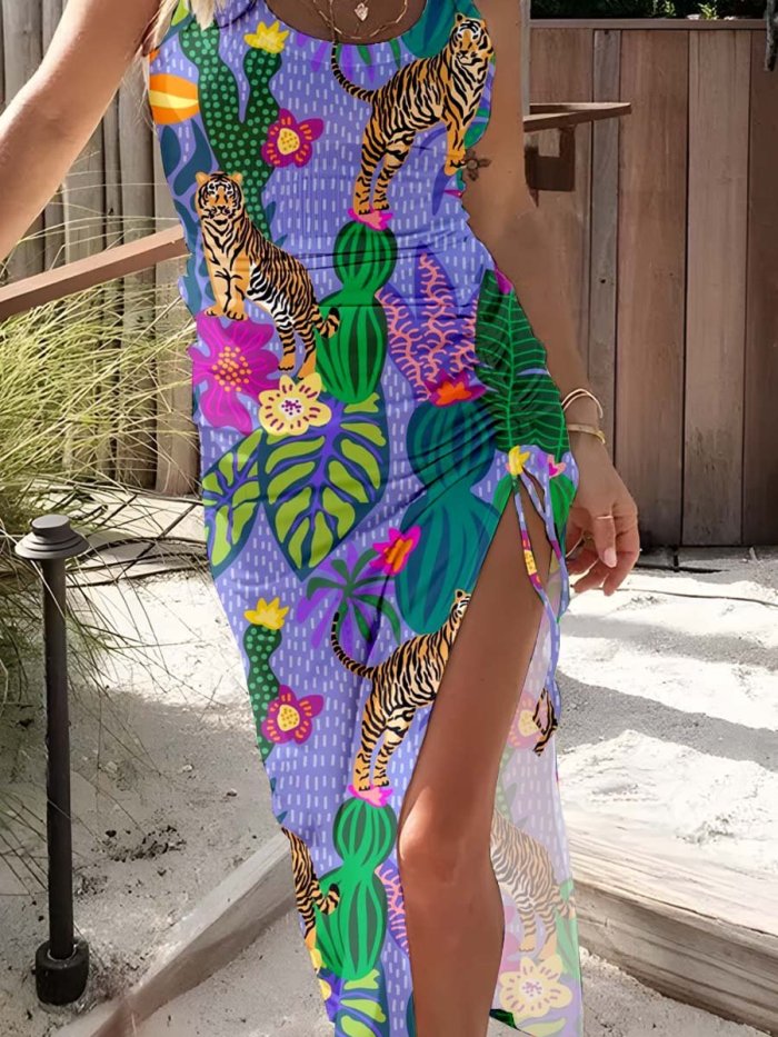 Women's Tropical Rainforest Flower Print Pattern Strappy Dress